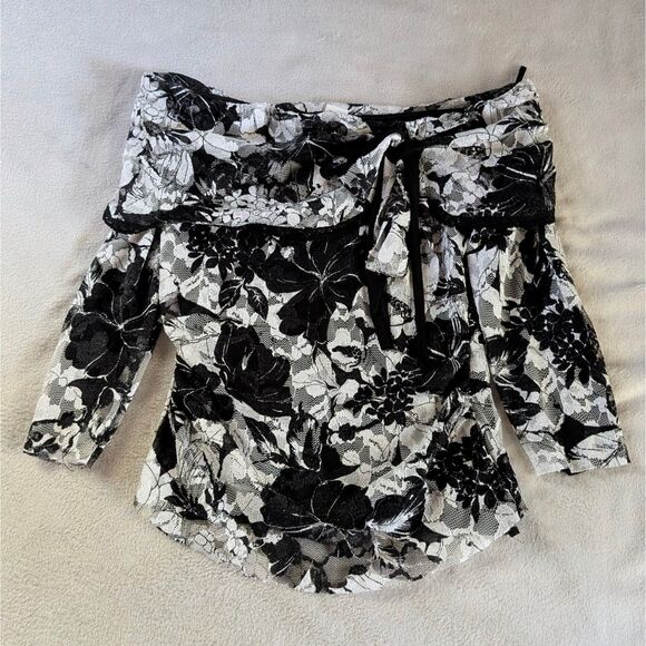 Y2K Lace Off Shoulder Blouse Women's Medium/Large Black White Floral Print - Picture 2 of 7